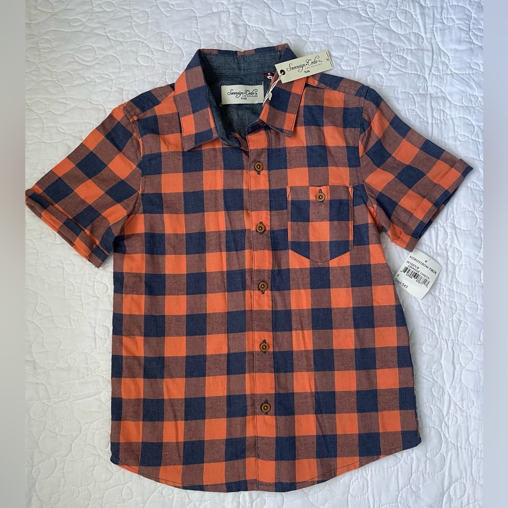 NWT Orange and Blue Sovereign Code Plaid Button Up Short Sleeve Shirt